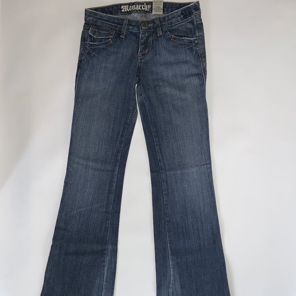 MONARCHY WOMENS SIZE 24 DISTRESSED FLARED BLUE JEANS WITH FANCY BUTTONS - Picture 4 of 6